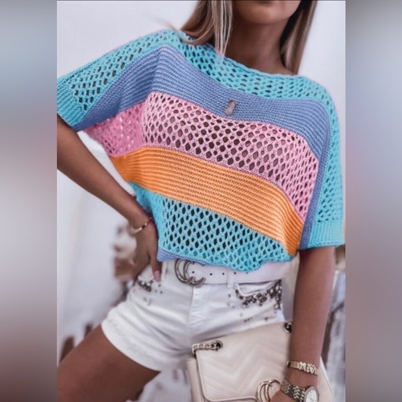 Sky Blue knitted Eyelet color block striped half sleeve top - Picture 1 of 3